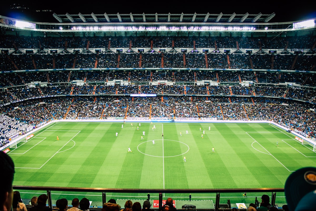 Night panorama of a packed football stadium